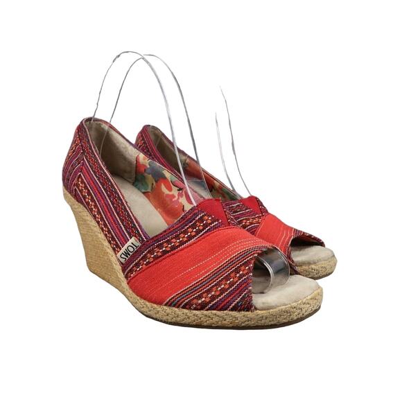 Toms Shoes Womens 8 Wedge Sandal Casuall Fashion Calypso Espadrille Red Peep Toe - Picture 1 of 14